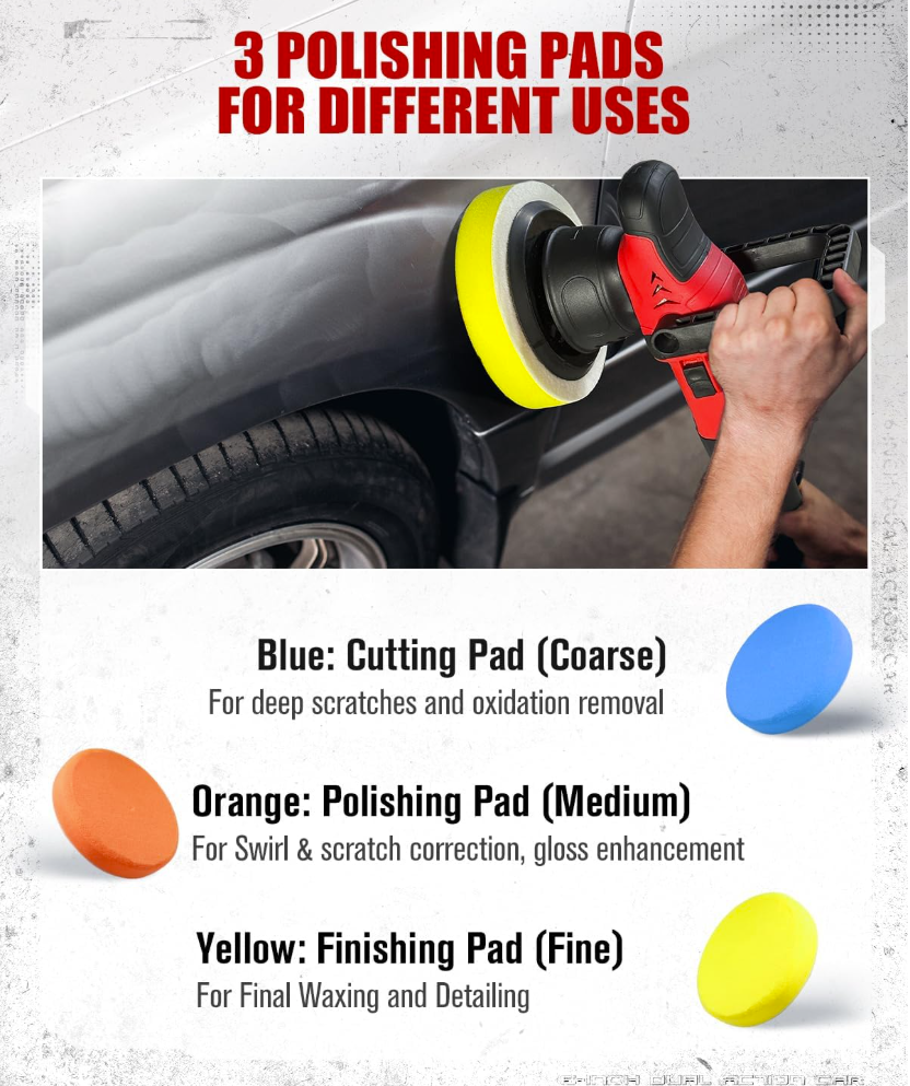 AVID POWER Dual Action Car Buffer Polisher, 6 Inch Orbital Polisher for Car Detailing with 6 Variable Speeds, Detachable Handle & 3 Polishing Pads