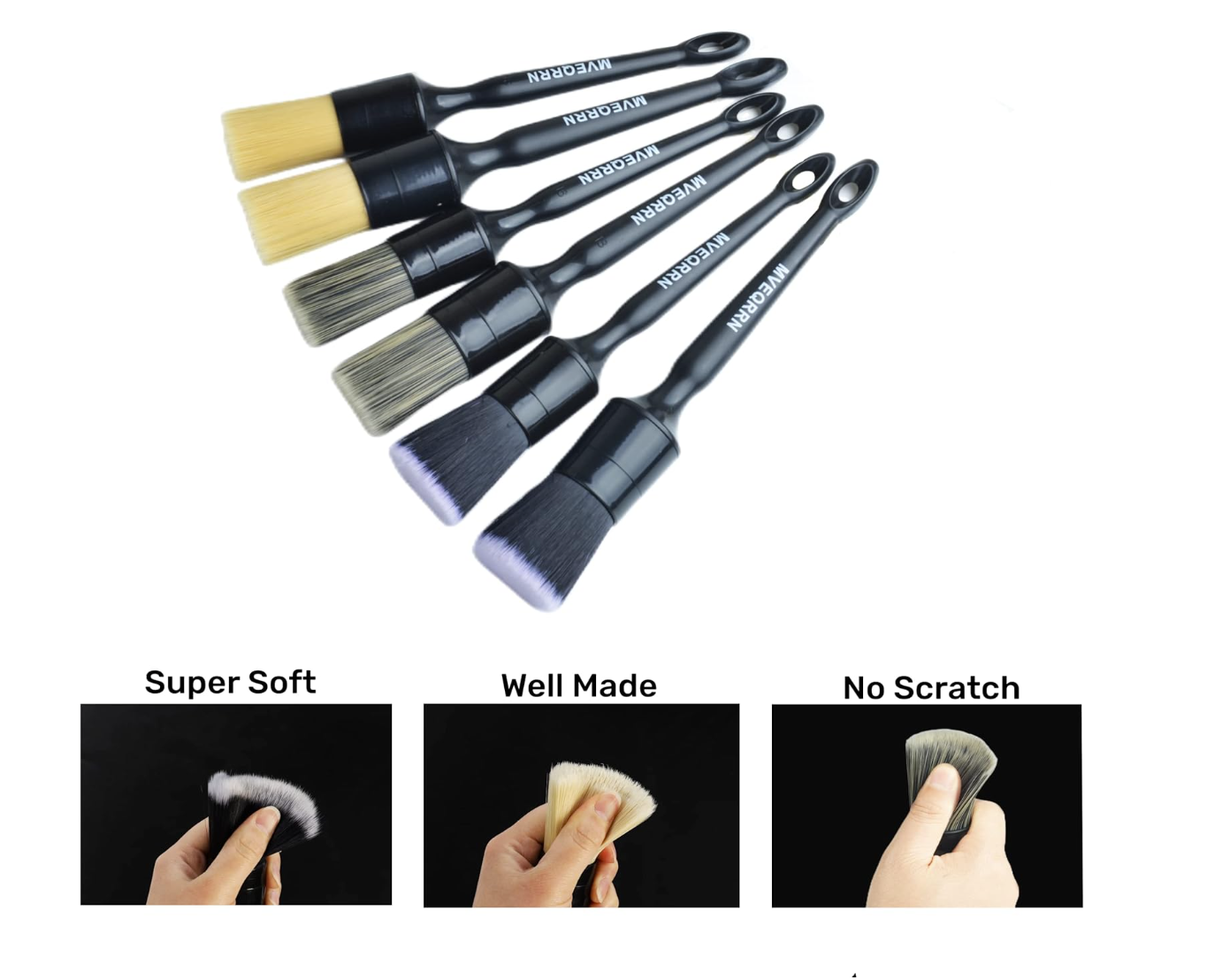 6pcs Car Detailing Brush Set-2pcs Boars Hair Car Detailing Brushes,2pcs Ultra Soft No Scratch Detailing Brush